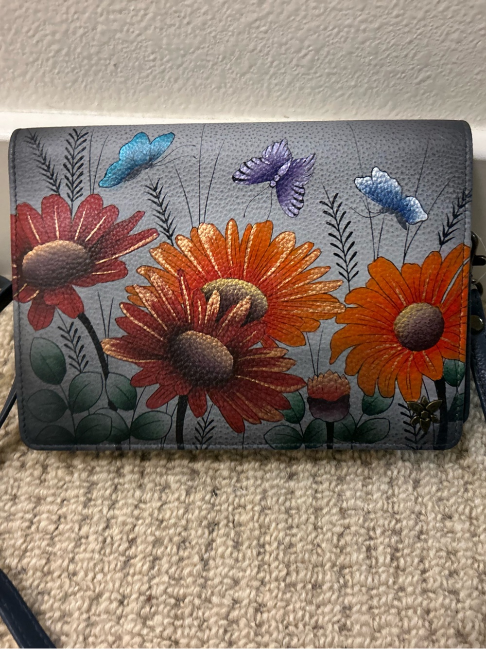 Anuschka Wild Meadow Dusk hand-painted gerberas butterflies Organizer crossbody